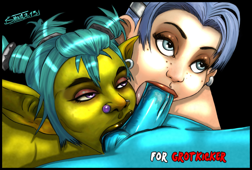 1boy 2013 2girls ball_sucking blizzard_entertainment blowjob fellatio gnome gnome_(warcraft) goblin goblin_(warcraft) goblin_female green_skin interspecies light-skinned_male light_skin mimzy_(grotkicker) original_character shina troll troll_(warcraft) warcraft world_of_warcraft