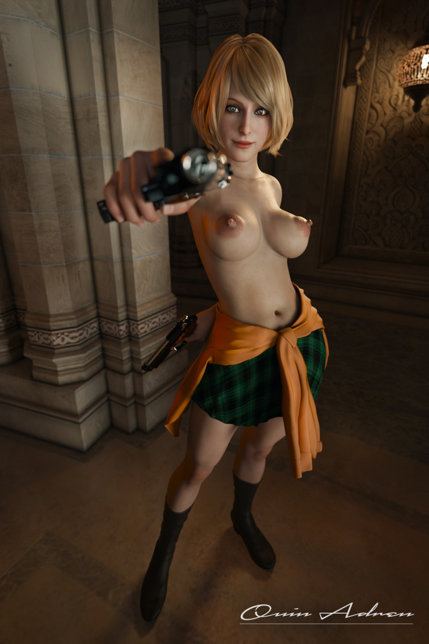 3d areolae ashley_graham ashley_graham_(ella_freya) big_breasts blonde_hair blue_eyes busty capcom casual female gun holding_gun hourglass_figure pale_skin perky_breasts pinup_pose pointing_at_viewer pointing_gun_at_viewer quinadren resident_evil resident_evil_4 resident_evil_4_remake self_upload skirt smile smiling smiling_at_viewer solo solo_female topless_female