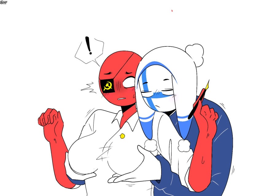 1boy 1girls big_breasts chullo clothing countryhumans countryhumans_girl female finland_(countryhumans) grabbing_breasts harassment male simple_background soviet_union_(countryhumans) white_background white_shirt