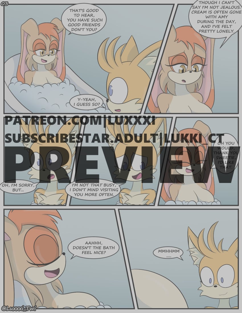 1boy 1boy1girl 1girls anthro bath breasts comic comic_page english_text imminent_sex luckster1234 milf mother nervous older_female older_woman_and_younger_boy page_3 page_number preview sega sharing_bathtub sonic_(series) sonic_the_hedgehog_(series) speech_bubble staring_at_breasts tails text vanilla_the_rabbit younger_male