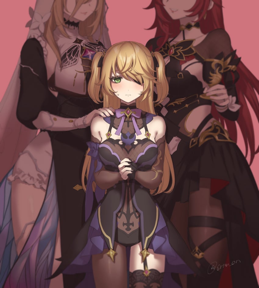 3girls :d aponia aponia_(honkai_impact) asymmetrical_gloves bare_shoulders black_dress black_gloves black_nails blonde_hair blush bow bowtie breasts cleavage closed_mouth company_connection crossover dress eden_(honkai_impact) elbow_gloves eyepatch female female_only fischl_(genshin_impact) genshin_impact gloves green_eyes grin highres honkai_(series) honkai_impact_3rd large_breasts long_hair long_sleeves looking_at_viewer mature_female mihoyo milf mismatched_gloves multiple_girls nail_polish nun own_hands_together pantyhose pink_background power_connection purple_bow purple_bowtie purple_dress purple_hair shiratama_(srtm_on) signature simple_background smile straight-on teeth twintails veil