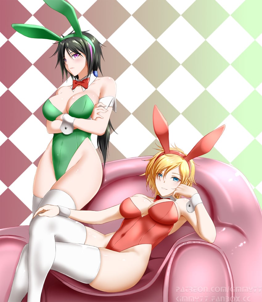 black_hair blonde_hair blue_eyes blush bowtie breasts bunny_ears bunnysuit cleavage clothing female female_jaune_arc_(rwby) female_lie_ren_(rwby) human jaune_arc kimmy77 legwear leotard lie_ren naked nipples pale_skin ponytail pose purple_eyes rule_63 rwby thighhighs wrist_cuffs wristwear