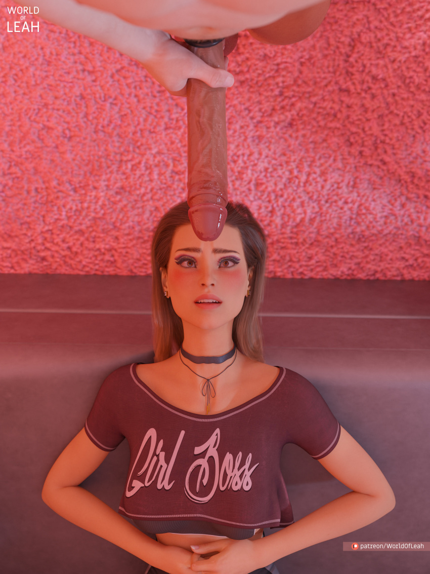 1girls 3d 3dx big_cock big_dick big_penis brown_hair cfnm cgi clothed clothing female female_focus front_view girl girlboss huge_cock irony large_penis penis penis_awe straight viewed_from_above worldofleah