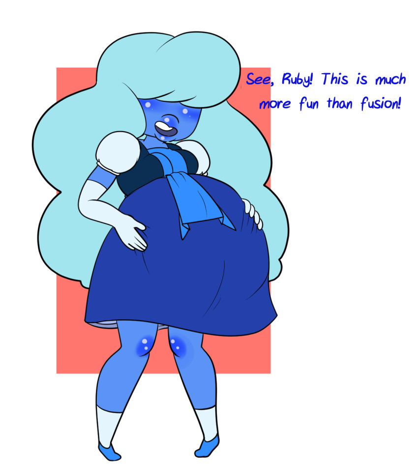 blue_dress blue_hair blue_skin english english_text female_pred female_prey hair_over_eyes holding_belly ruby_(steven_universe) sapphire_(steven_universe) smile smiling steven_universe text turnipupp vore willing_pred willing_vore