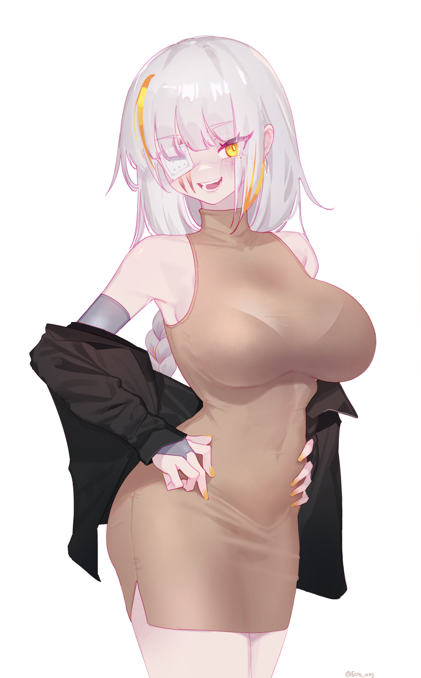 absurdres bare_shoulders braid bralines breasts bridal_gauntlets covered_nipples cowboy_shot dress elbow_gloves eonsang eyepatch female girls'_frontline gloves highres large_breasts long_braid long_hair m16a1_(boss)_(girls'_frontline) m16a1_(girls'_frontline) multicolored_hair nail_polish off_shoulder scar scar_across_eye single_braid sleeveless sleeveless_dress smile solo streaked_hair turtleneck_dress white_background white_hair yellow_eyes