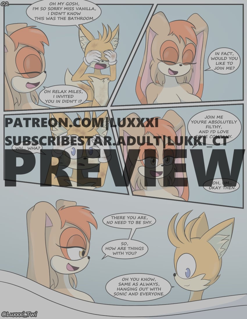 1boy 1boy1girl 1girls anthro bath breasts comic comic_page english_text imminent_sex luckster1234 milf mother nervous older_female older_woman_and_younger_boy page_2 page_number patreon_username preview sega sharing_bathtub sonic_(series) sonic_the_hedgehog_(series) speech_bubble subscribestar_username tagme tails text vanilla_the_rabbit younger_male