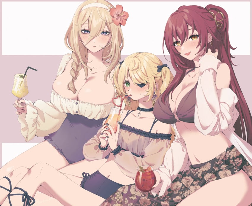 3girls alternate_hairstyle aponia aponia_(honkai_impact) bikini black_nails blonde_hair breasts cleavage collarbone company_connection crossover cup drinking drinking_glass drinking_straw earrings eden_(honkai_impact) eyepatch female female_only fingernails fischl_(genshin_impact) floral_print flower genshin_impact green_eyes hair_between_eyes hair_flower hair_ornament hair_over_shoulder hairband highres holding holding_cup honkai_(series) honkai_impact_3rd jewelry large_breasts long_fingernails long_hair long_sleeves mihoyo multiple_girls nail_polish navel one_eye_covered open_mouth ponytail power_connection purple_eyes red_hair shiratama_(srtm_on) sitting skirt smile swimsuit white_hairband wide_sleeves yellow_eyes