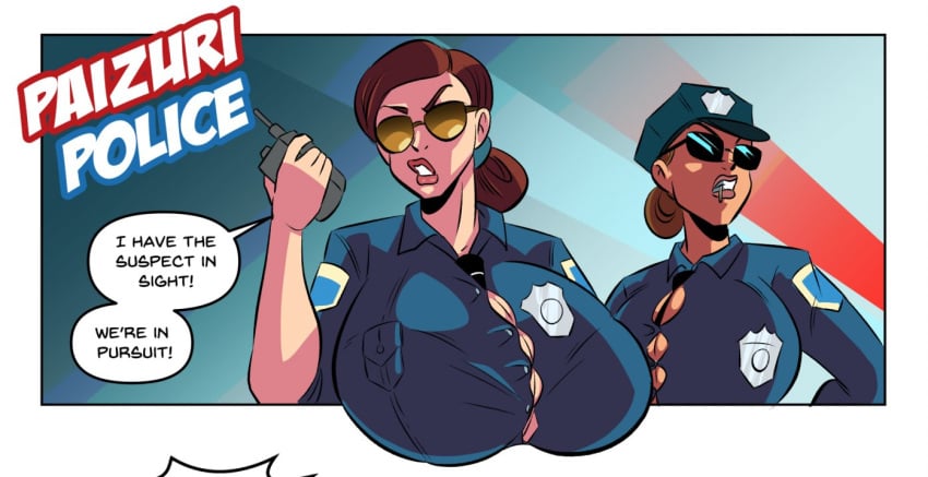 2girls barely_contained_breasts bursting_breasts busty cop fat_breasts female female_only gigantic_breasts glassfish huge_breasts massive_breasts police police_uniform policewoman straining_buttons sunglasses top_heavy