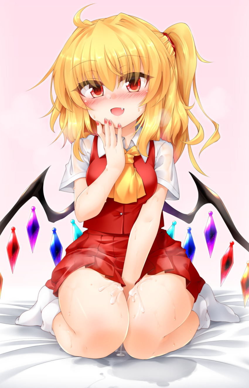 after_sex ascot bed blonde_hair blush breasts buttons collared_shirt covering covering_crotch crystal cum cum_in_pussy cum_on_legs fingernails flandre_scarlet hair_between_eyes hair_ornament hand_up highres large_breasts long_fingernails looking_at_viewer marukyuu_ameya medium_breasts multicolored_wings nail_polish no_headwear no_shoes oerba_yun_fang on_bed one_side_up open_mouth pink_background puffy_short_sleeves puffy_sleeves red_eyes red_nails red_skirt red_vest shirt short_hair short_sleeves simple_background sitting skirt skirt_set smile socks sweat sweatdrop tongue touhou vest white_shirt white_socks wings yellow_ascot