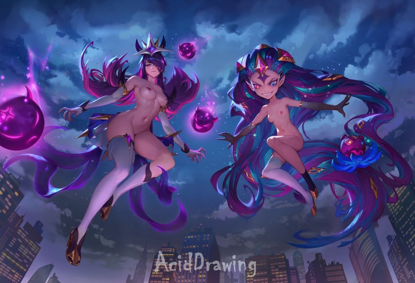 2girls aciddrawing big_breasts blue_eyes blue_hair breasts city_background edited edited_official_artwork evil_smile heterochromia image league_of_legends league_of_legends:_wild_rift multiple_girls naked naked_female nude nude_female one_eye_closed pink_eyes purple_eyes purple_hair riot_games star_guardian_series star_guardian_syndra star_guardian_zoe syndra tagme zoe_(league_of_legends)