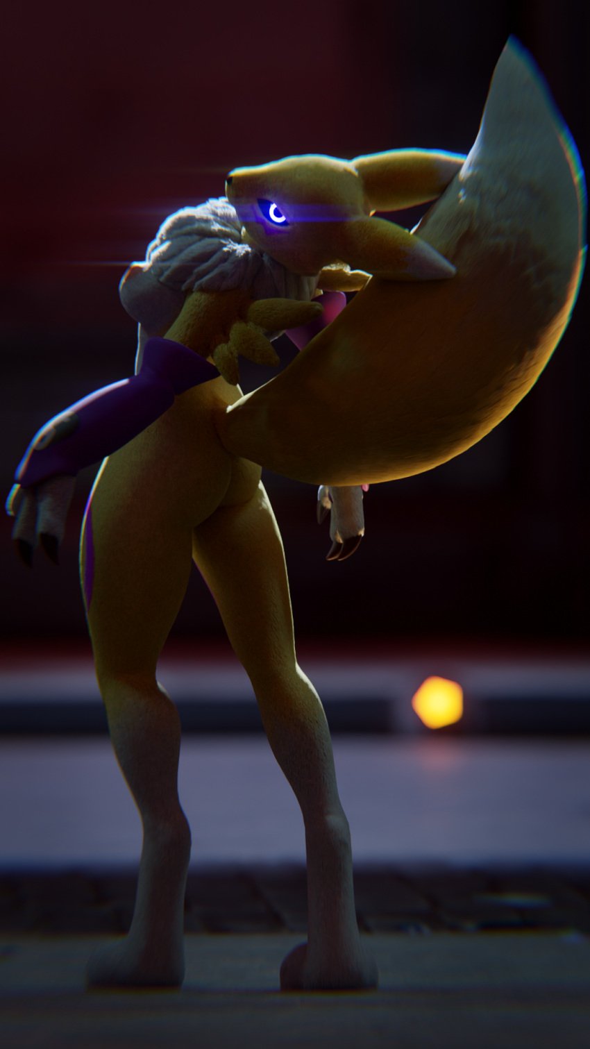 anamorphic_lens_flare anthro areola armwear ass bandai_namco blender_(software) blender_cycles blurred_background breasts claws clothing daemonanimate depth_of_field digimon digimon_(species) female flexible fur hi_res leg_tattoo looking_at_viewer looking_back looking_back_at_viewer nude portrait purple_eyes renamon rim_light solo tattoo white_body white_fur yellow_body yellow_fur