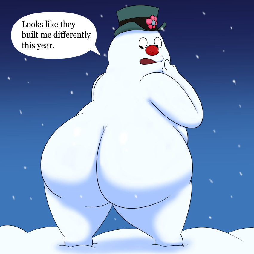 1:1 2022 ass big_ass big_butt button button_nose christmas colossalstars frosty_the_snowman frosty_the_snowman_(character) hat huge_ass huge_butt living looking_back looking_down male male_only naked open open_mouth overweight overweight_anthro overweight_male snow snow_creature snowing text text_bubble top_hat topwear white_body white_skin widescreen