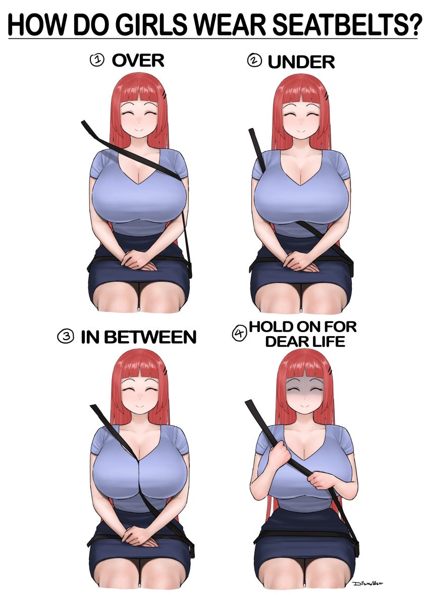 1girls aki-chan_(dismaiden) big_breasts car car_interior cleavage comedy cute dismaiden educational female female_only funny happy_female huge_breasts humor light-skinned_female meme original red_hair seatbelt seated smiling tagme thick_thighs