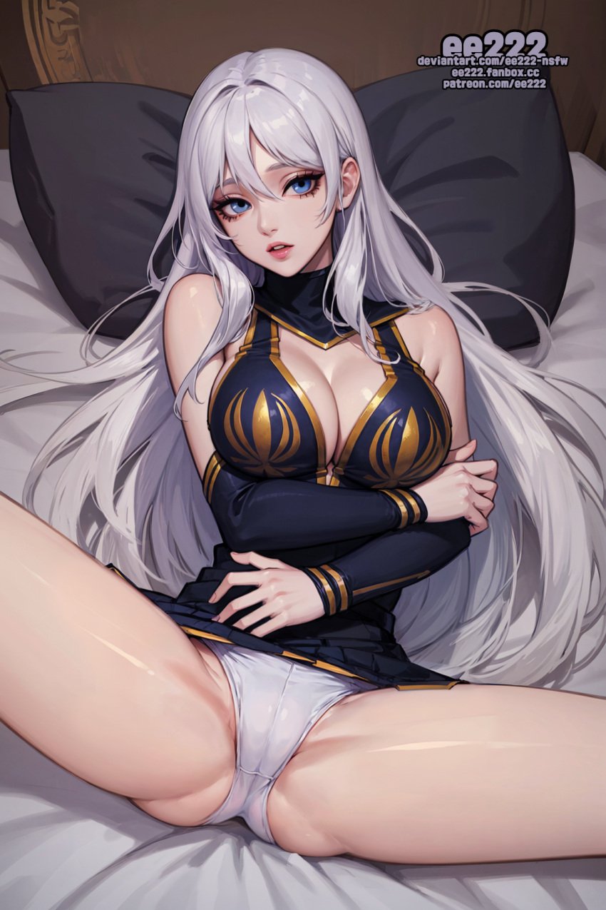 ai_generated ashe_(league_of_legends) bed bedroom blue_eyes ee222_aiart girl imminent_sex league_of_legends league_of_legends:_wild_rift missionary missionary_position missionary_sex panties pillow skirt skirt_lift skirt_pull skirt_up white_hair white_panties