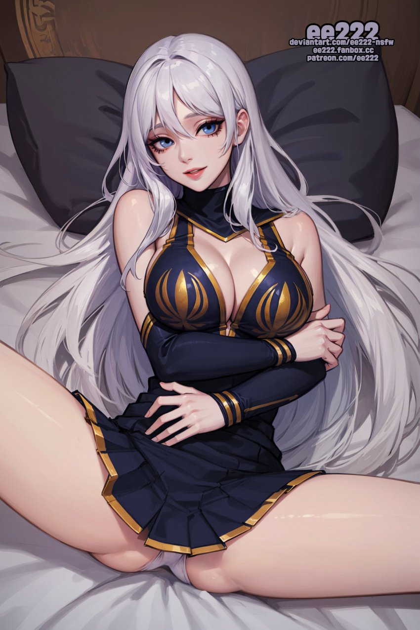 ai_generated ashe_(league_of_legends) bed bedroom blue_eyes ee222_aiart girl imminent_sex league_of_legends league_of_legends:_wild_rift missionary missionary_position missionary_sex panties pillow skirt skirt_lift skirt_pull skirt_up white_hair white_panties