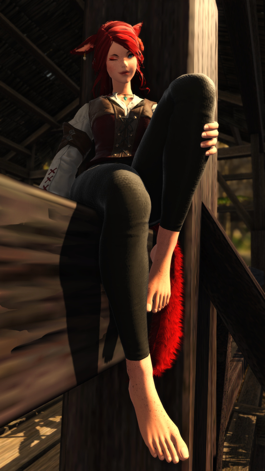 3d barefoot blue_eyes body_freckles fancy_clothing feet final_fantasy final_fantasy_xiv foot_fetish freckled_skin freckles gpose(ffxiv) holding_leg_up miqo'te red_hair relaxing rosanne_leia_faerwing rosefaerwing winking_at_viewer