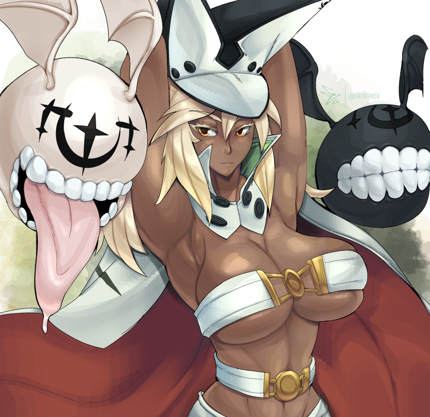 1girls arc_system_works armpits arms_up athletic_female belt big_breasts blonde_hair cape dark-skinned_female dark_skin geistbox guilty_gear guilty_gear_xrd hat large_breasts long_hair long_tongue looking_at_viewer lucifero o-ring o-ring_top orange_eyes platinum_blonde_hair ramlethal_valentine revealing_clothes shorts skindentation