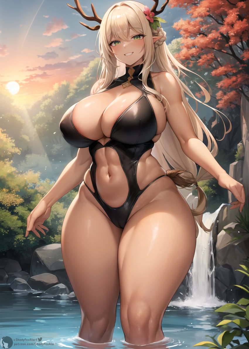 1girls 2023 ai_generated ai_hands anime_nose antlers bangs bare_shoulders big_breasts blonde_hair blush braid braided_hair branch breasts bushes cameltoe clothing_cutout cloud clouds curvaceous curvy curvy_figure day deer_horns dusk female female_focus female_only forest forest_background green_eyes hair_flower hair_ornament horned_female horned_humanoid horns long_hair looking_at_viewer navel nipple_bulge orange_sky original original_artwork original_character outdoors plant pointy_ears pussy_visible_through_clothes ripples river rock self_upload shadyfox sideboob skindentation sky smile stable_diffusion standing sun sun_rays sunlight sunset swimsuit teeth thighs tree trees wading water waterfall wide_hips