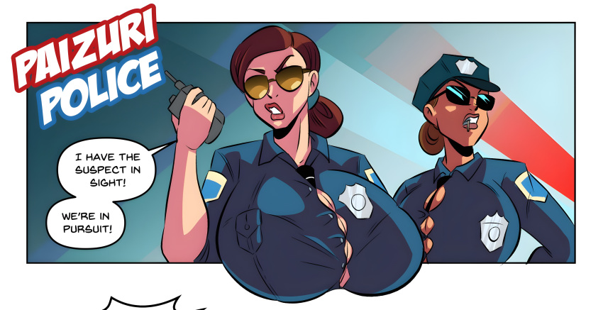 2girls ai_upscaled cop female female_only gigantic_breasts glassfish huge_breasts police policewoman