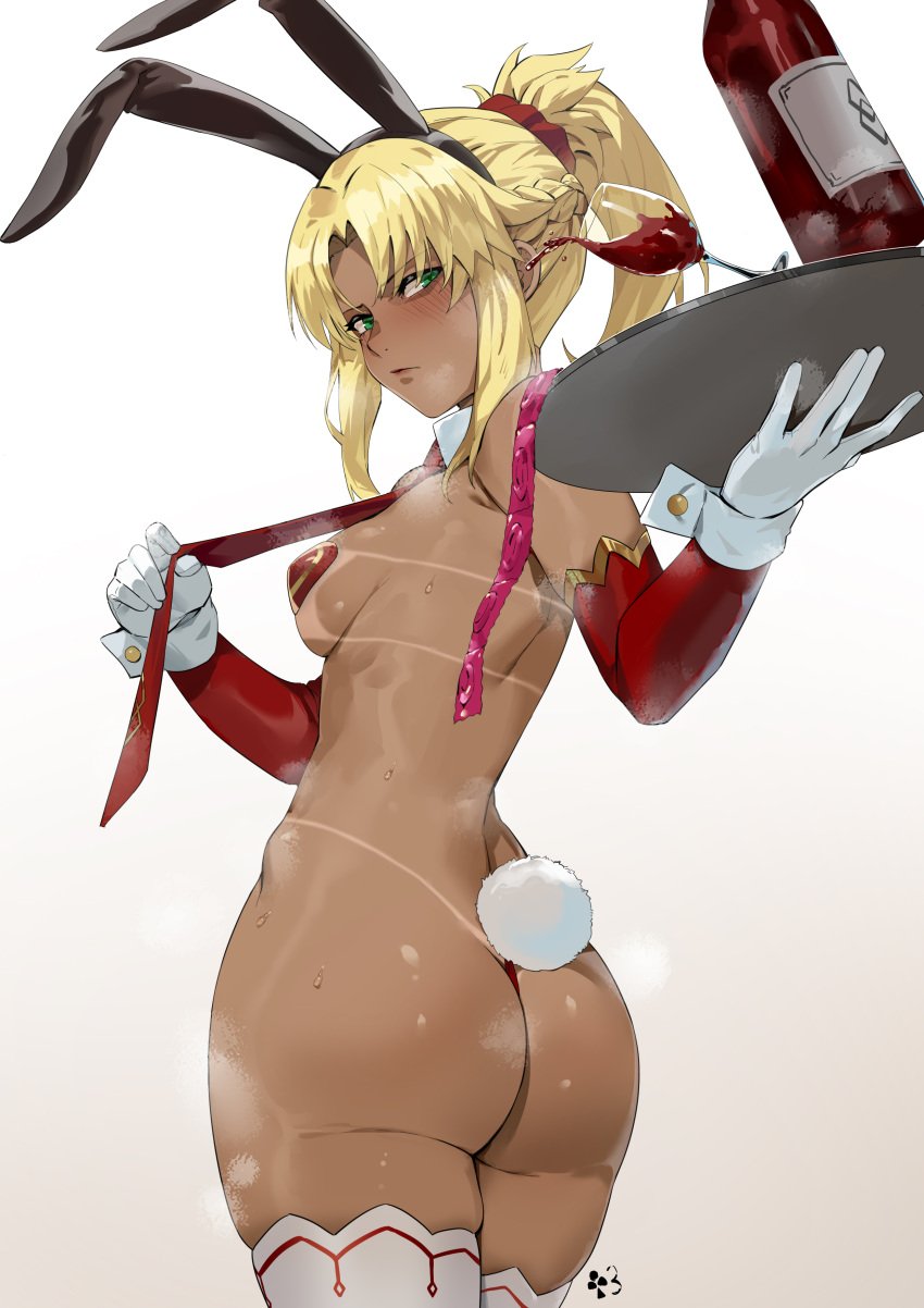 1girls 2023 ass blonde_hair blush breasts bubble_butt bunny_club bunny_ears bunny_girl bunny_tail club3 condom embarrassed fate/grand_order fate_(series) female green_eyes hi_res holding_object mordred_(fate) nanaya_(daaijianglin) pasties ponytail serving_tray small_breasts solo standing tan tan-skinned_female tanline tanlines tanned_skin thighhighs tray wine wine_bottle wine_glass