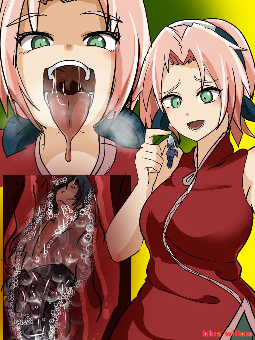 1boy 1girls black_hair blue_willow drool giantess green_eyes internal_view macrophilia maw_shot naruto naruto_(series) naruto_shippuden ninja open_mouth pink_hair pov sakura_haruno sasuke_uchiha shrunken_male size_difference smaller_male stomach_acid tongue_out uvula vore