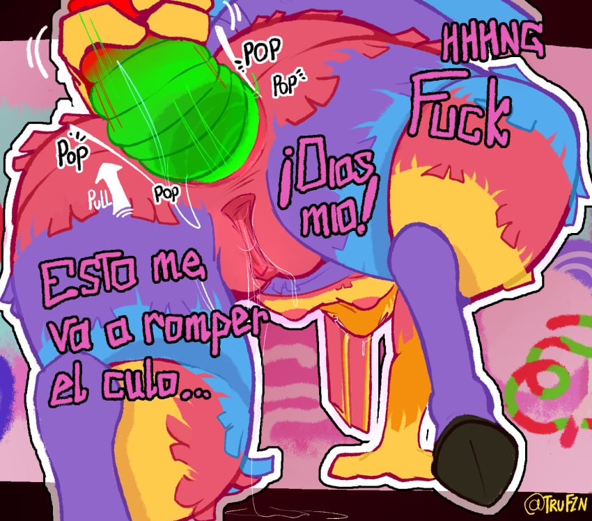 anal anal_sex anal_tugging animate_inanimate anthro behind_view candy dessert duo equid female food gummy_(food) hi_res hooves living_pinata mammal paty_(tfzn) penetration pinata solo solo_focus spanish_text tfzn worm