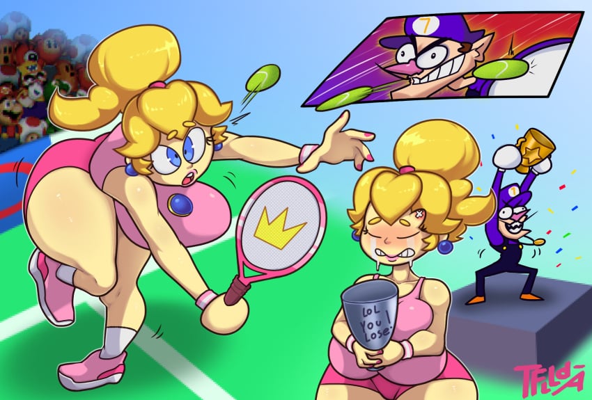 1boy 1girls 5tflldartist5 ass big_ass big_breasts big_butt blonde_hair blue_eyes breasts busty crying earrings eyebrows eyelashes female female_focus large_ass large_breasts light-skinned_female light-skinned_male light_skin lipstick male mario_(series) mario_tennis moustache nintendo pink_lipstick ponytail princess_peach tears tennis tennis_ball tennis_racket tennis_uniform thick thick_thighs thighs tied_hair trophy voluptuous voluptuous_female waluigi wide_hips