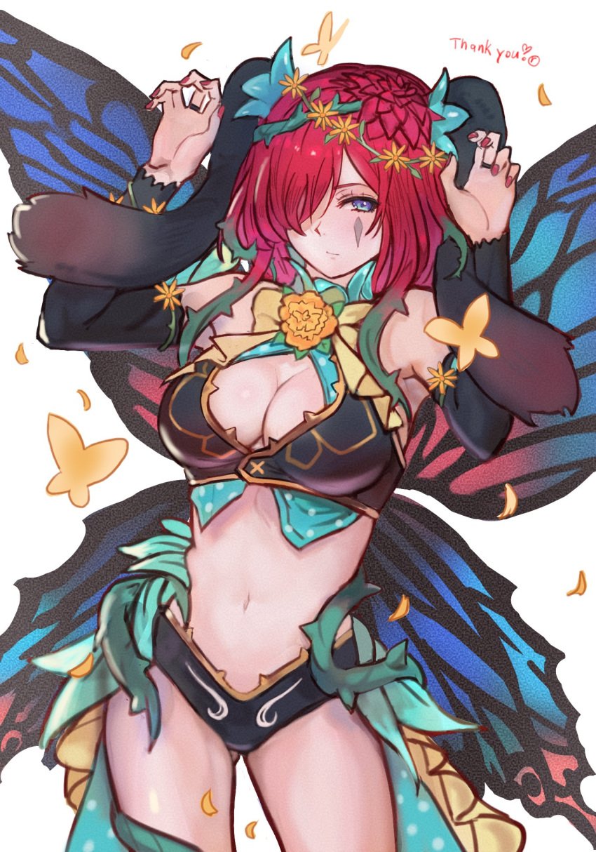 1girls alternate_costume animal_ears ass_visible_through_thighs bare_midriff bare_shoulders bare_thighs breasts bug bunny_ears bunny_girl bunnysuit butterfly cleavage commission cowboy_shot detached_sleeves facial_mark fairy_wings female female female_only fire_emblem fire_emblem_heroes flower hair_flower hair_ornament hair_over_one_eye highres looking_at_viewer midriff navel nintendo official_alternate_costume petals plant purple_eyes r123 rabbit_ears rabbit_pose red_hair skeb_commission solo thank_you thighs thorns triandra_(fire_emblem) triandra_(spring)_(fire_emblem) vines white_background wings