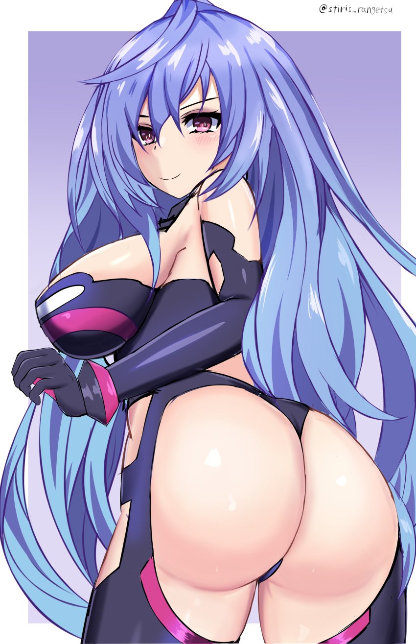 1girls ass ass_focus bare_shoulders big_ass blush breasts cleavage clothed cpu_(neptunia) elbow_gloves female_only goddess iris_heart light-skinned_female light_skin looking_at_viewer looking_back neptunia_(series) pink_eyes plutia power_symbol-shaped_pupils purple_hair round_ass shiny_skin sideboob smile solo stiris_rangetsu straight thighs very_long_hair