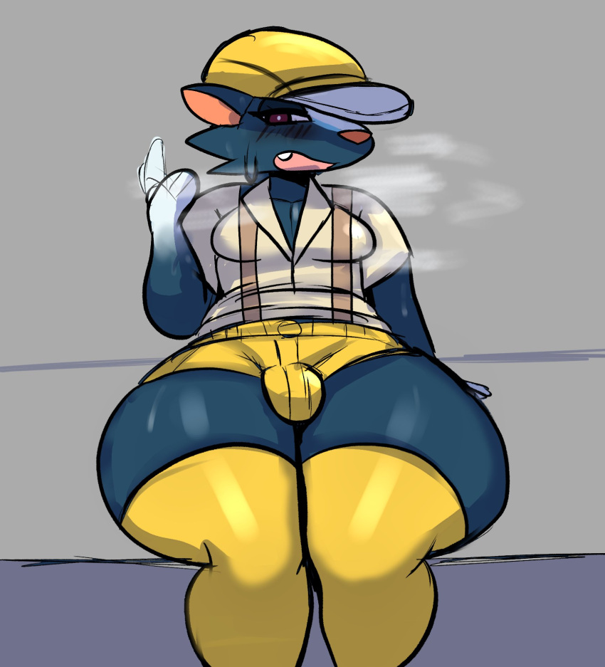 animal_crossing anthro balls_outline big_ass blue_body bottomwear bulge clothing femboy genital_outline gloves_(marking) hat headgear headwear hi_res huge_ass huge_thighs inuzu kicks_(animal_crossing) legwear male mammal markings mephitid nintendo open_mouth pupils red_eyes shirt shorts sitting skunk solo thick_thighs thigh_highs topwear white_pupils wide_hips