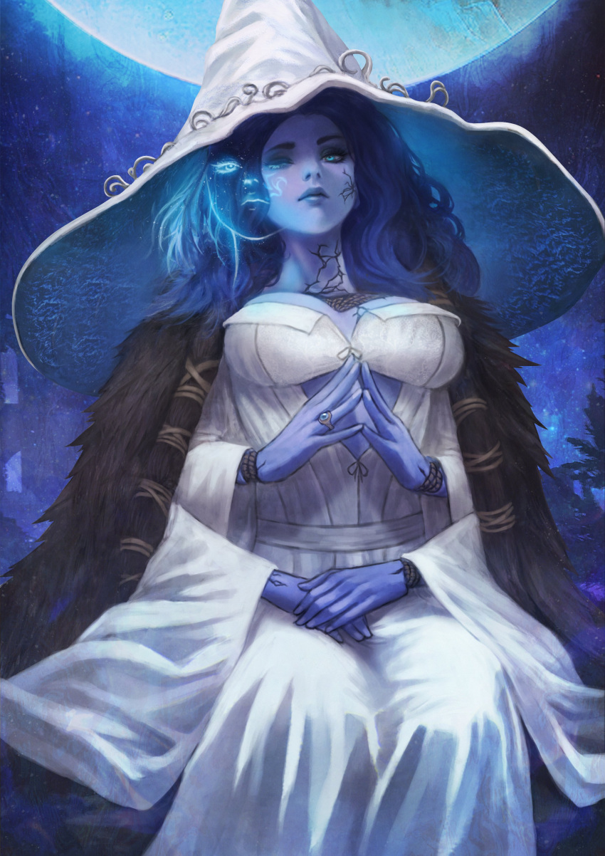 4_arms blue_body blue_eyes blue_hair dark_moon_ring doll doll_joints dress elden_ring fromsoftware fur_cape married_woman mommy monorirogue moon night ranni_the_witch ring witch_hat