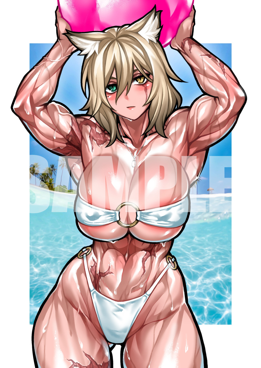 abs areola_slip arms_up beach biceps big_breasts bikini blonde_hair cat_ears catgirl cleavage curvy heterochromia huge_breasts looking_at_viewer mature_female muscular muscular_female original pale-skinned_female pale_skin scar scar_on_face scarred short_hair sweat sweaty swimsuit watermark wide_hips yuto_noirm08