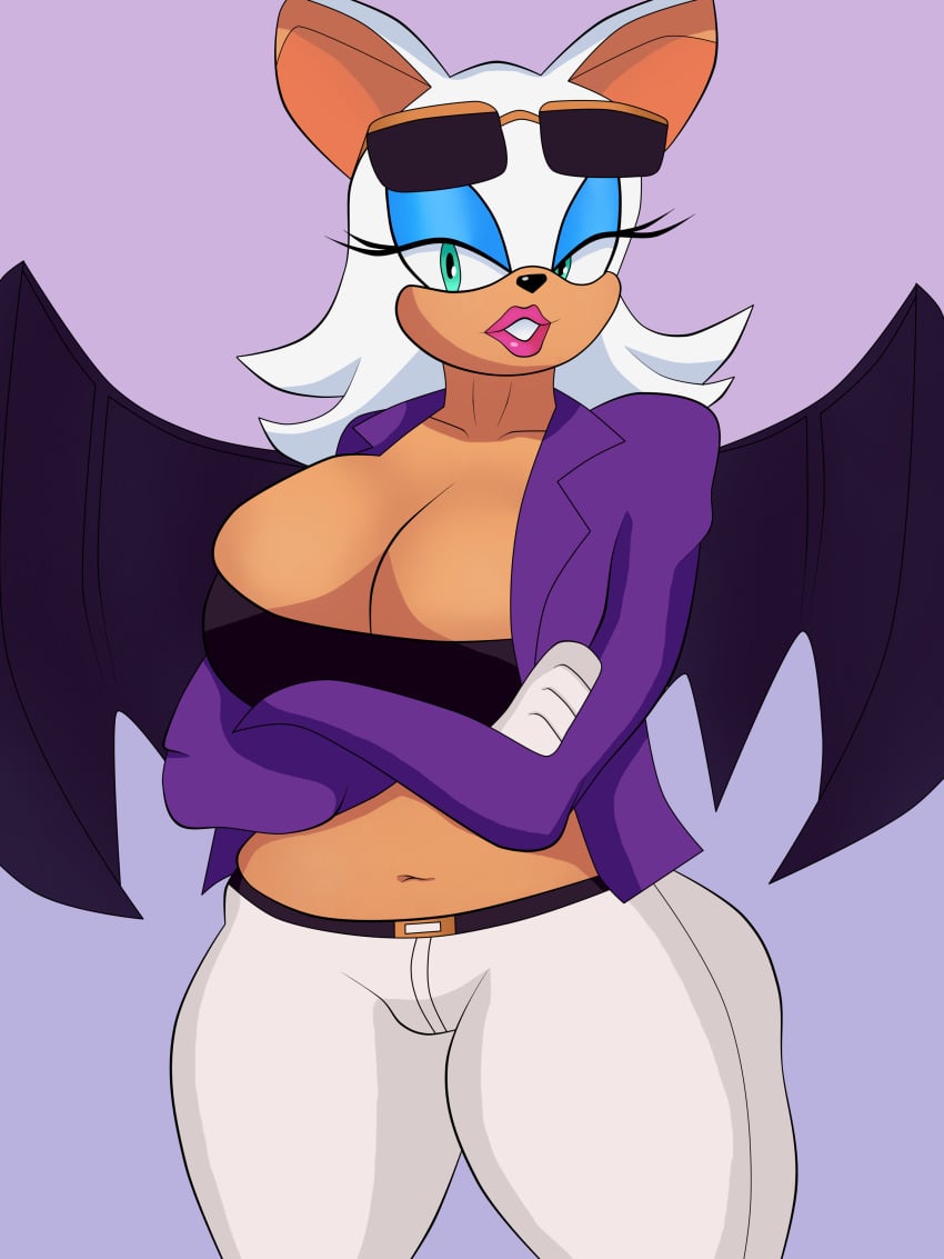 1girls bat_wings big_breasts blueartfiend breasts glasses glasses_on_head huge_breasts jacket rouge_the_bat sonic_(series) sonic_the_hedgehog_(series) the_murder_of_sonic_the_hedgehog thick_thighs tight_pants white_pants