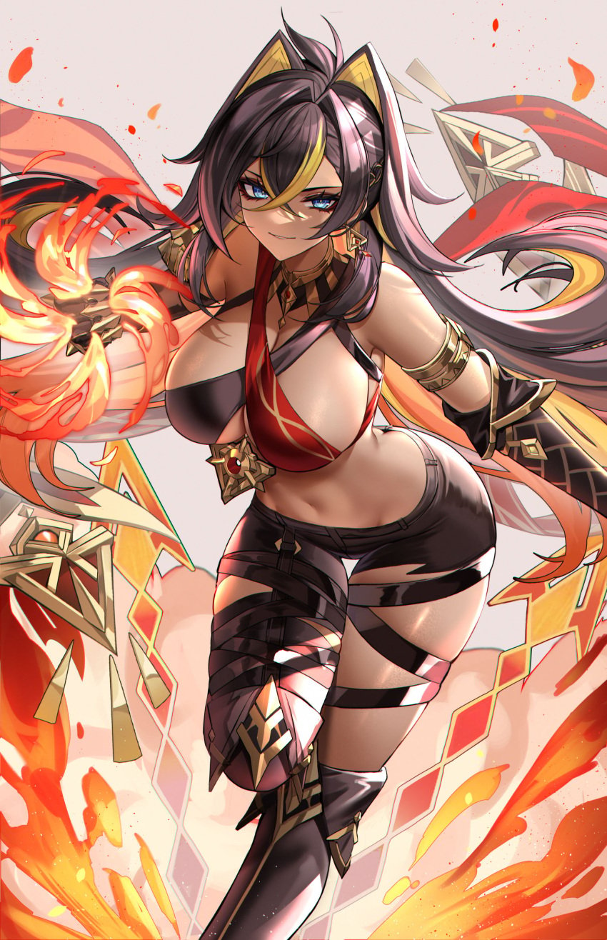 1girls bare_shoulders black_footwear black_gloves blue_eyes boots breasts crossed_bangs dark-skinned_female dark_hair dehya_(genshin_impact) earrings elbow_gloves eternity_(shadeh) female female_only flames genshin_impact hair_between_eyes hair_ears highres jewelry large_breasts long_hair looking_at_viewer multicolored_hair smile solo streaked_hair thigh_boots thighs two-tone_hair