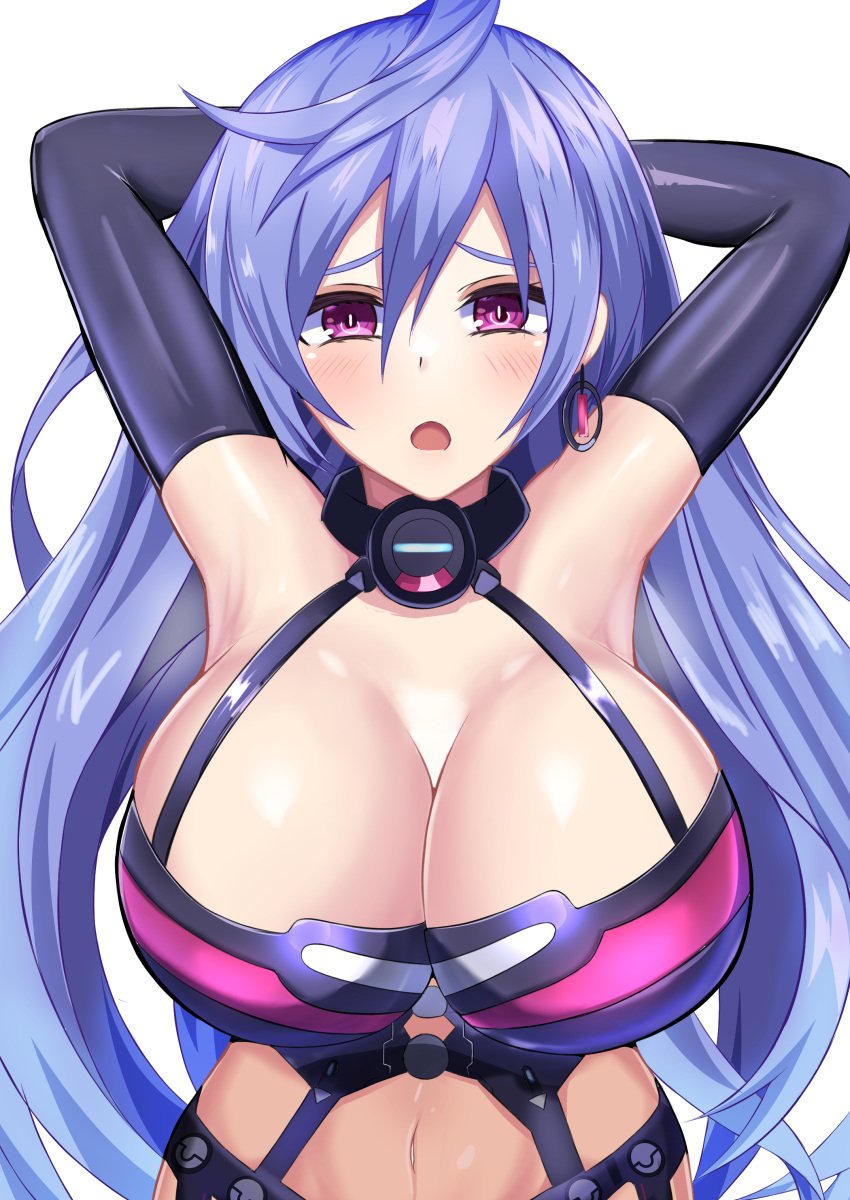 1girls armpits arms_up big_breasts blush breast_focus cleavage close-up clothed collar cpu_(neptunia) earrings elbow_gloves embarrassed female_only goddess hands_behind_head iris_heart light-skinned_female light_skin long_hair looking_at_viewer midriff neptunia_(series) open_mouth pink_eyes plutia power_symbol-shaped_pupils presenting purple_hair solo stiris_rangetsu straight_hair