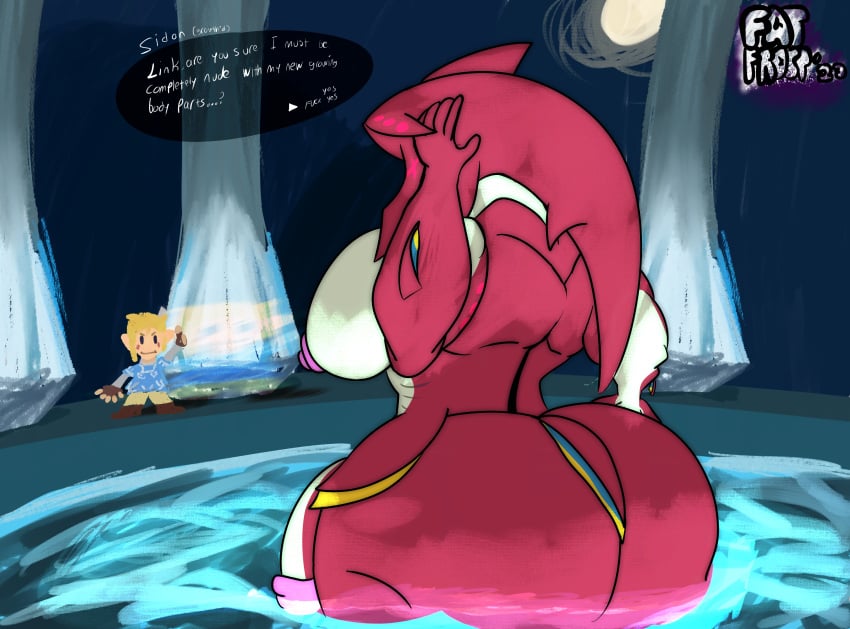 anthro ass big_butt big_pecs big_penis breath_of_the_wild genitals gesture growth hi_res huge_butt huge_pecs human humanoid hylian hyper hyper_butt hyper_pecs link mammal marine moon nintendo pecs penis pool prince_sidon sidon_(zelda) the_legend_of_zelda thumbs_up water zora