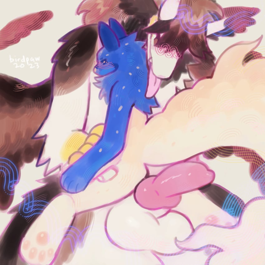 2023 4_toes ambiguous_gender anthro anthro_on_anthro arm_tuft ass balls bangs barefoot big_balls birdpaw_(artist) black_body black_feathers black_fur blue_body blue_ears blue_fur blush brown_body brown_feathers brown_fur brown_wings canid canine closed_eyes digital_media_(artwork) dragon duo elbow_tuft erection fangs feathered_dragon feathers feet fur furred_dragon fursona_(birdpaw) genitals handpaw hi_res hindpaw knot male mammal multicolored_body multicolored_feathers multicolored_fur multicolored_wings pawpads paws penis pink_nose pink_pawpads pink_penis pink_tongue shoulder_tuft simple_background smile tail talons tan_background tan_body tan_fur tan_tail teeth toes tongue tongue_out tuft white_balls white_body white_fur wings