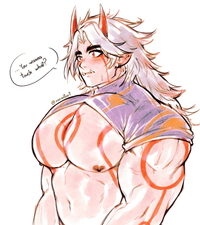 arataki_itto bara blush chest genshin_impact horns male_only manboobs muscular muscular_arms muscular_male solo_focus solo_male surprised tattoos varantart