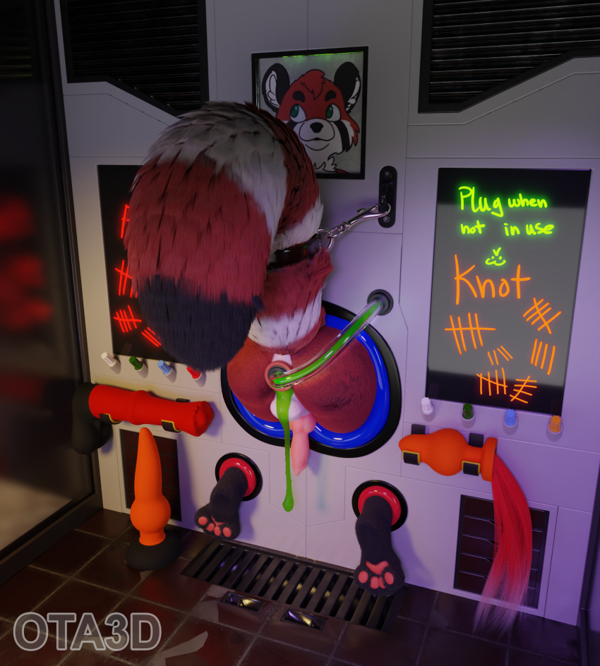 3d_(artwork) anthro bear buttplug buttplug_tail digital_media_(artwork) fake_tail fluffy fluffy_tail furry giant_panda hi_res hindpaw male mammal markings ota_3d paws plug_(sex_toy) public_use restraints sex_toy slime solo tail tail_markings writing_on_wall