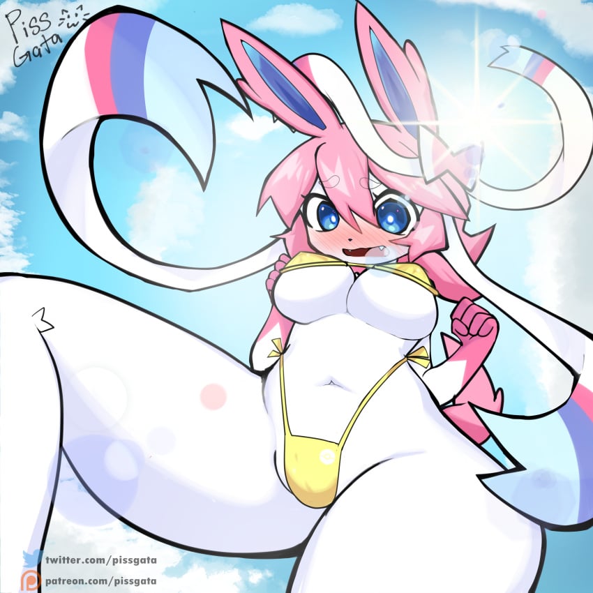 1boy 1girls anthro belly_button big_breasts big_thighs bikini blue_eyes blush blushing bow clouds cute detailed_background eeveelution furry hi_res highres hips outside perspective pink_hair pink_tail pissgata pokémon_(species) pokemon pokemon_(species) ribbon ribbons self_upload sharp_teeth short_hair solo solo_female solo_focus standing sylveon tail thighs white_body white_fur yellow_bikini