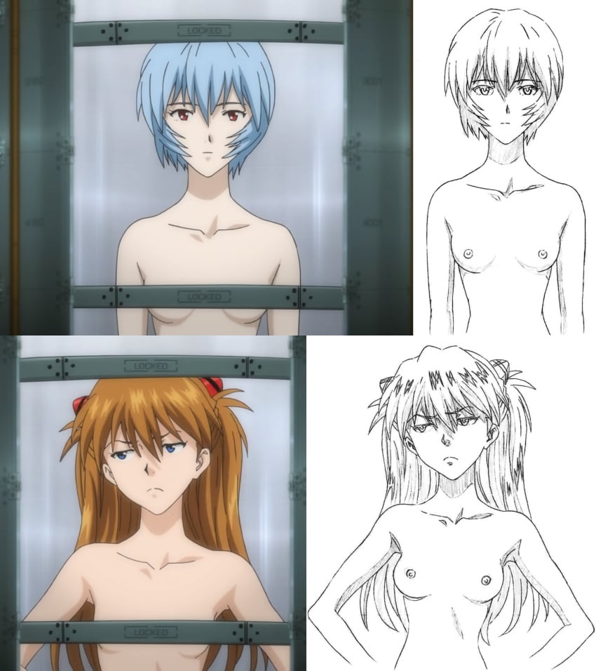 2girls accurate_art_style angry angry_face asuka_langley_sohryu blue_eyes blue_hair breasts emotionless female_focus female_only image_comparison light-skinned_female long_hair naked naked_female neon_genesis_evangelion nipples no_color nude nude_female official_art orange_hair pale-skinned_female red_eyes rei_ayanami rough_sketch screencap screenshot short_hair sketch storyboard twintails uncensored