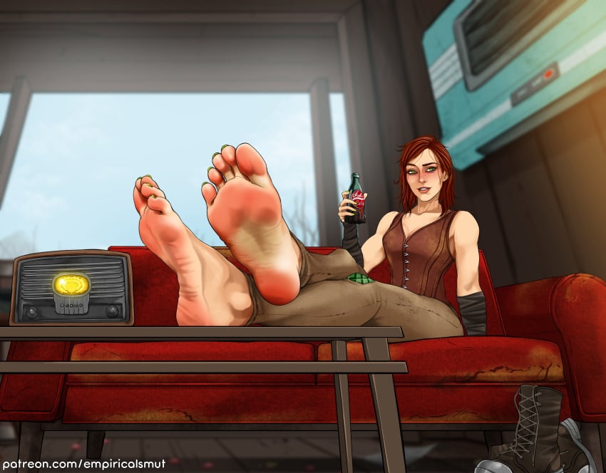 5_toes barefoot bethesda_softworks boots_removed cait_(fallout) character_request empiricalsmut fallout fallout_4 feet feet_up female_only foot_fetish human nuka-cola pale_skin red_hair soles video_games