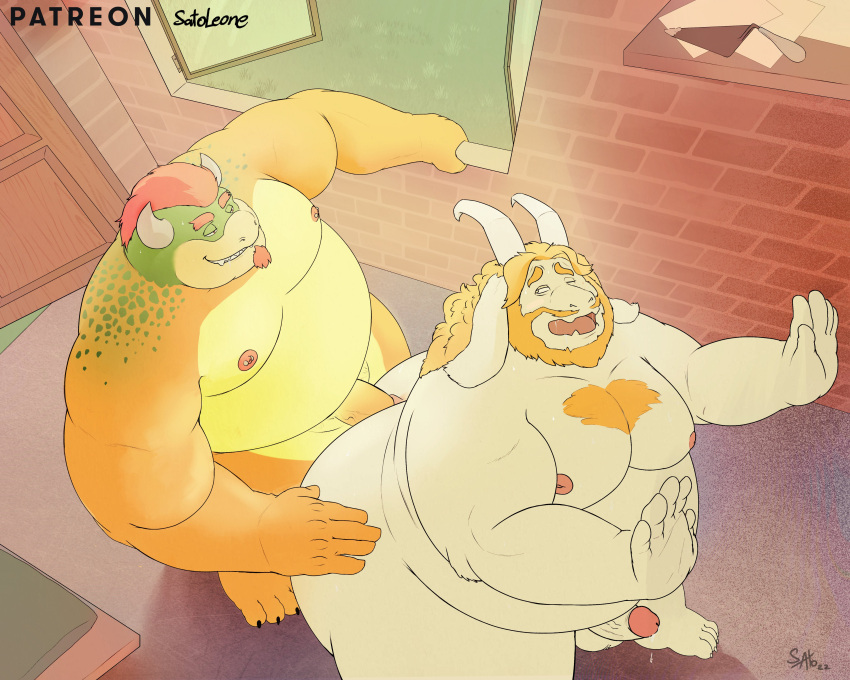 2023 absurd_res anthro asgore_dreemurr balls belly big_belly bovid bovine bowser detailed_background duo erection gay genitals hi_res koopa male male/male male_only mammal mario_(series) moobs nintendo nipples obese obese_male overweight overweight_male penis sato_afroleone scalie sex undertale_(series) white_body