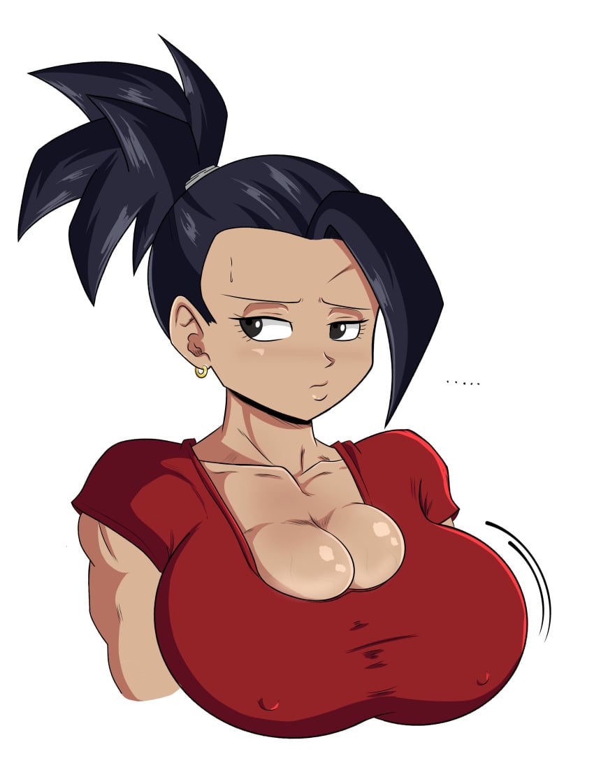 1girls alternate_breast_size big_breasts black_eyes black_hair breasts dark_skin dragon_ball dragon_ball_super earrings huge_breasts kale large_breasts lewdyartz muscular_female nipple_bulge veiny_breasts