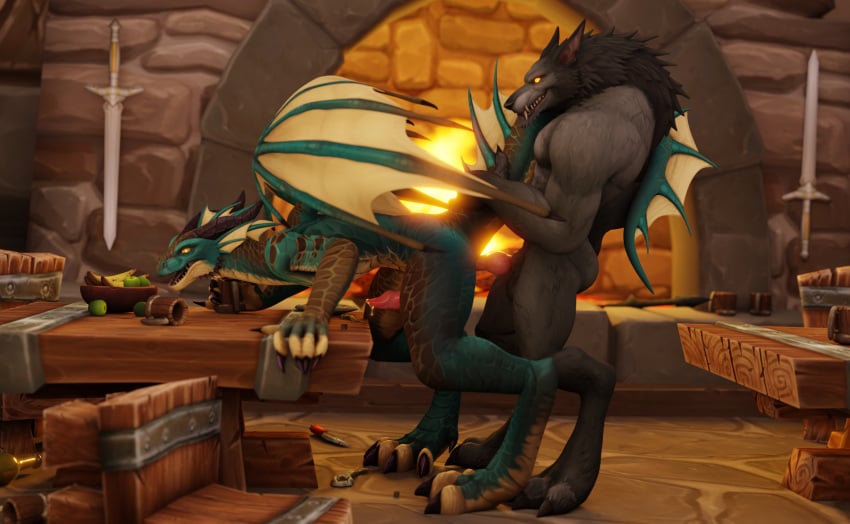 anal anthro balls blizzard_entertainment bodily_fluids canid dracthyr dragon dragonflight duo forgon genital_fluids genitals hi_res holding_tail knot male male/male mammal perromalo precum public public_nudity scalie tail tail_on_shoulder warcraft were werecanid western_dragon worgen