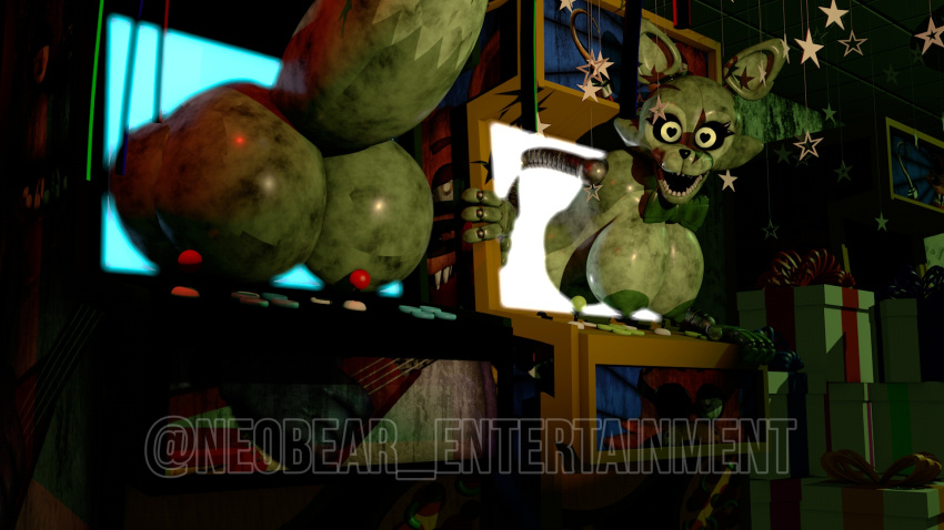 1girls 3d animatronic arcade areolae big_ass big_breasts big_butt breasts cinema4d female five_nights_at_freddy's five_nights_at_freddy's_3 fox green_body green_skin heart-shaped_pupils mangle_(fnaf) neobear_entertainment neobear_entertainment_(artist) phantom_mangle_(fnaf) robot tits yellow_eyes