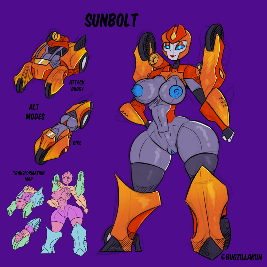 armor blue_eyes bottomless breasts_out bugzilla cannon character_sheet child_bearing_hips heels hourglass_figure living_bike motorcycle orange_body original_character robot/alternate_modes robot_girl slim_waist thick_thighs transformers triplechanger