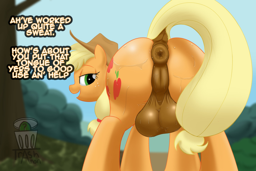 absurd_res anus applejack_(mlp) ass balls blonde_hair bodily_fluids clothing cowboy_hat dialogue english_text feral friendship_is_magic ftg_crossgender fti_crossgender genitals green_eyes gynomorph hair hasbro hat headgear headwear hi_res intersex my_little_pony puffy_anus quadruped rule_63 solo sweat sweaty_balls sweaty_butt sweaty_genitalia text trash_anon