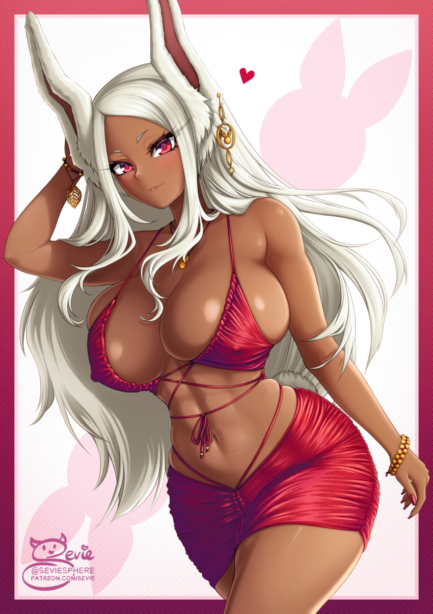 1girls artist_signature breasts cleavage dark-skinned_female dark_skin dress female hips huge_breasts long_hair looking_at_viewer miruko my_hero_academia naughty_face rabbit_ears red_dress red_eyes rumi_usagiyama sevie thick_thighs thighs white_hair wide_hips