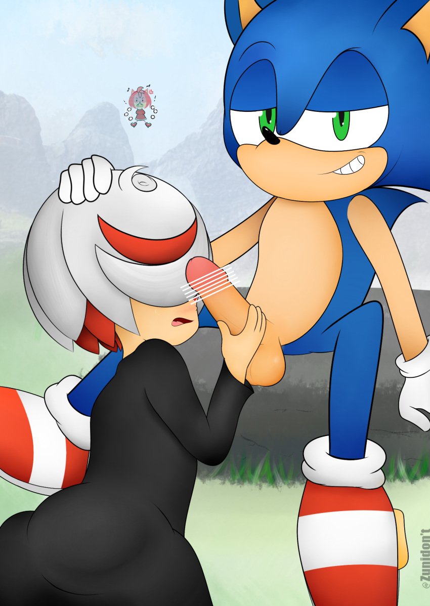 1boy 1girls 2020s 2023 2girls amy_rose angry anthro artificial_intelligence ass bar_censor black_cloak blue_fur blush censored cloak clothed clothed_female erection female furry green_eyes hair_over_one_eye hedgehog hi_res imminent_fellatio imminent_oral interspecies looking_at_viewer male male/female medium_hair mist nature open_mouth outdoors penis penis_grab red_eyes sage_(sonic_frontiers) sitting sitting_on_rock smirk smug sonic_(series) sonic_frontiers sonic_the_hedgehog testicles twitter_username white_hair zunidont